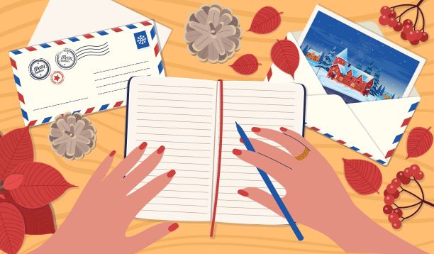 一只手在圣诞卡片上签名。一个邮寄信件的概念，一张给朋友的贺卡。一张桌子用邮政信封装着信，笔记本，荚，球果，一品红。向量图片下载