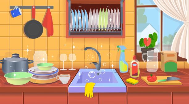 厨房水槽和干净的盘子。清洁厨房。清洁公司的概念。平面卡通矢量插图。图片下载