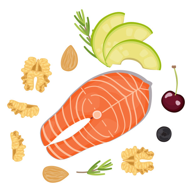 三文鱼片配核桃、牛油果、樱桃、蓝莓、杏仁。图片下载