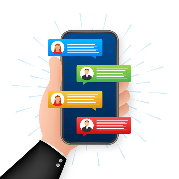 消息传递的概念。手持智能手机与聊天的人。电话屏幕上的聊天文本气泡。图片下载