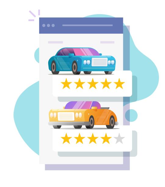 汽车评论评级在线手机网页屏幕或汽车评价反馈页面，客户声誉网络商店矢量平面图标，汽车租赁商店排名或汽车访问模板图片下载