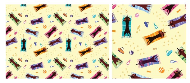 一个可爱的腊肠狗在海滩上的矢量插图。无缝模式。图片下载