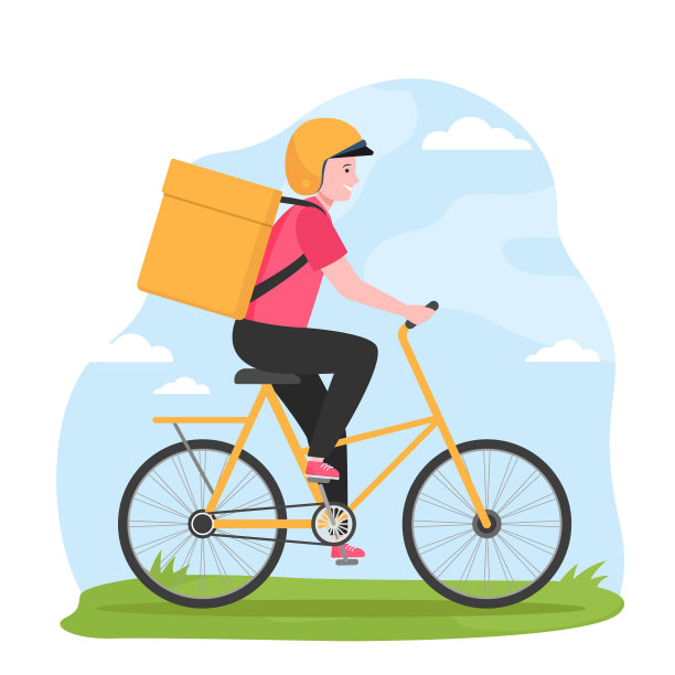 微笑的男快递在头盔上的自行车图片下载