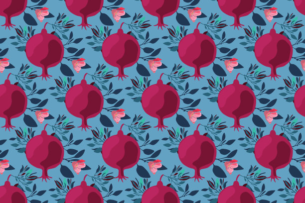 Vector花卉无缝图案。栗色果实的石榴，粉红色的花。图片下载