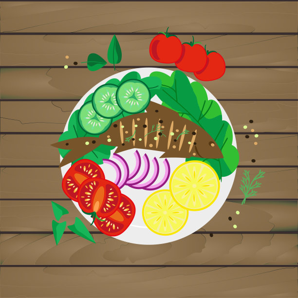 烤鱼配蔬菜。这是一道传统的地中海菜肴，深色木质背景，配以西红柿、香草和香料。矢量插图。图片下载