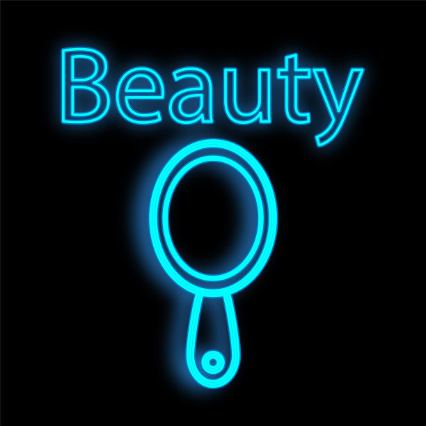 化妆镜，蓝色，黑色背景上的霓虹灯。美容大师，美发师和化妆师的工具。一个化妆师工作室和美容酒吧的招牌。矢量图图片下载
