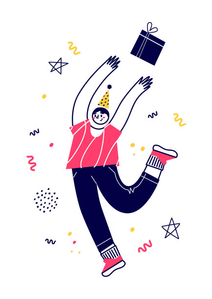 矢量搞笑角色庆祝。送礼物，享受节日，吃蛋糕。一个生日聚会。平面向量插图。图片下载