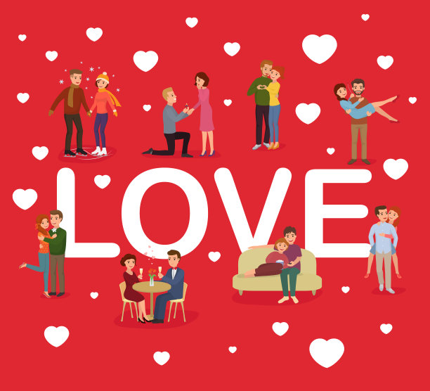 爱夫妻，人男女女孩矢量插画集。浪漫的约会收集，幸福的恋爱在一起。图片下载