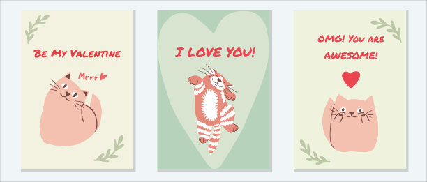一套手绘情人节贺卡与字母和可爱的不同猫的角色。我爱你，做我的情人，2月14日，你是了不起的。向量的明信片收藏图片下载