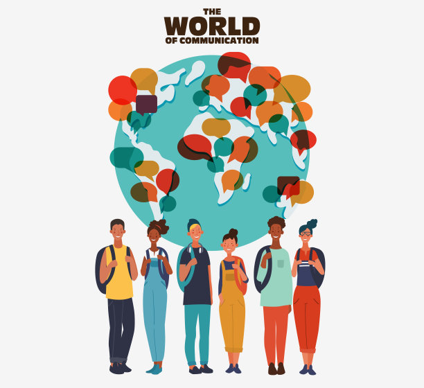 年轻人，背着背包，面带微笑。旅游，假期，假期和冒险矢量概念插图。世界地图与彩色的语音泡泡图片下载