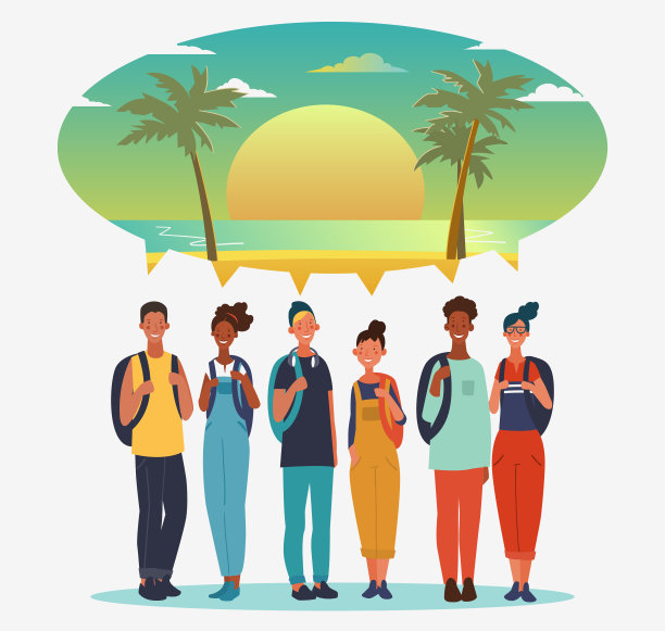背着背包的年轻人。旅游，假期，假期和冒险矢量概念插图。夏天的风景背景。海滩日落背景图片下载