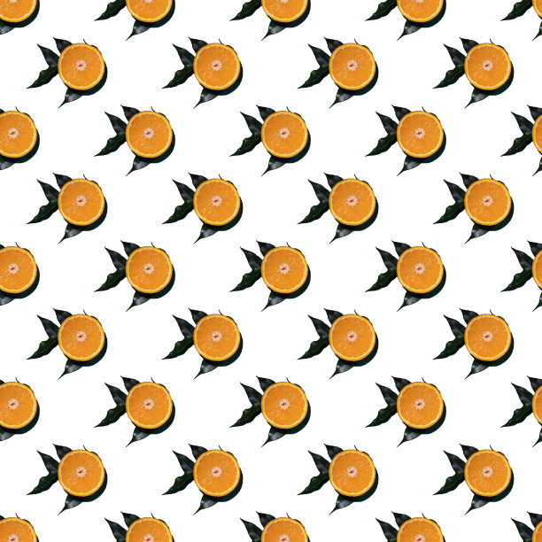 色彩鲜艳的果实无缝图案半橙子与绿色的叶子孤立在白色的背景。从上面的观点图片下载