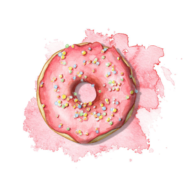 水彩甜甜圈草莓釉和彩色洒在粉红色染色图片下载