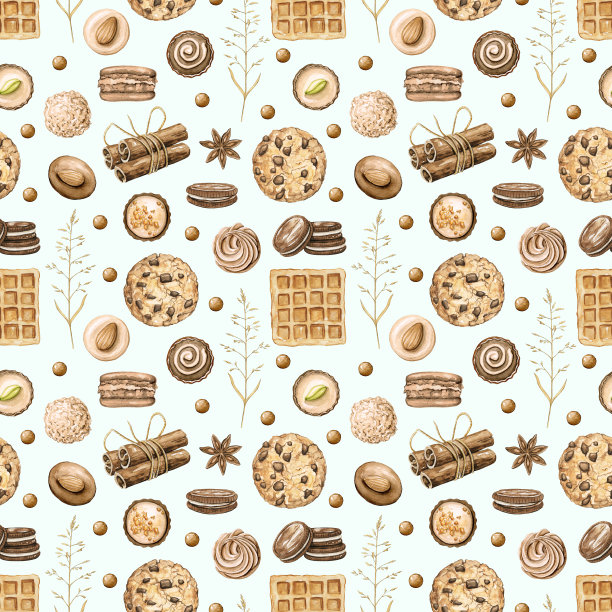 水彩无缝模式与肉桂，巧克力糖果，饼干和华夫饼图片下载