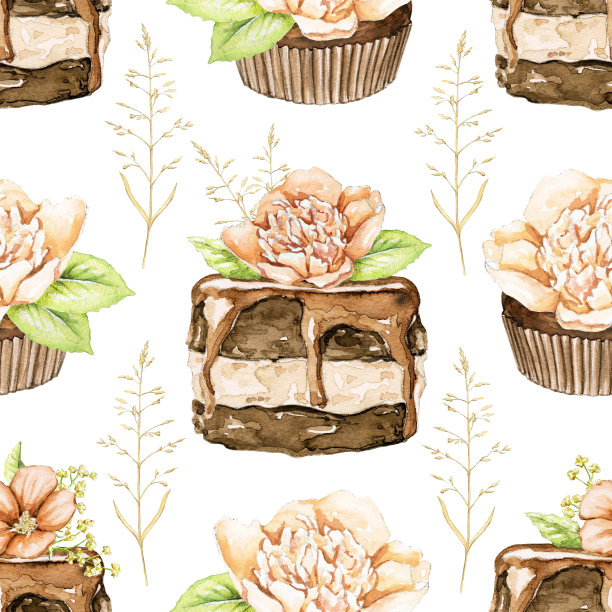 水彩无缝图案与巧克力派与花图片下载