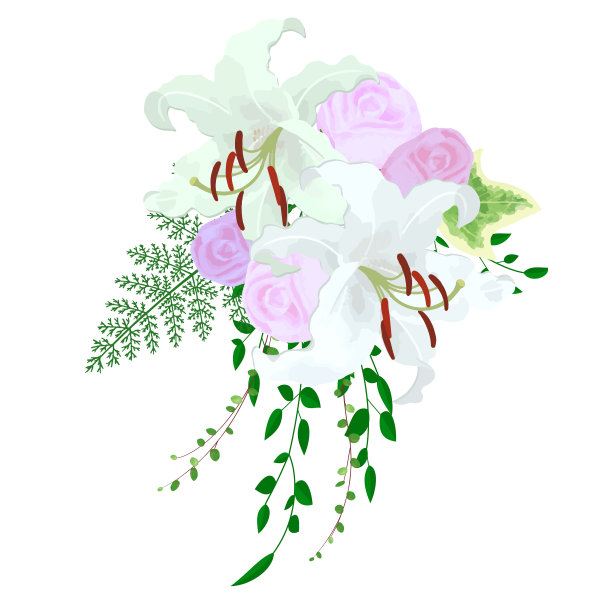 卡萨布兰卡(百合)和玫瑰婚礼花束(胸花)插图图片下载