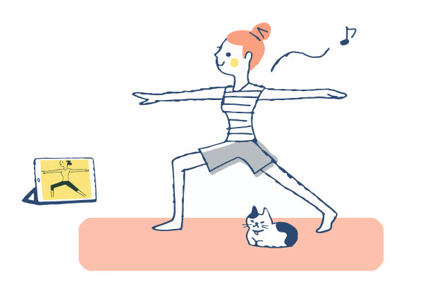 女人一边练瑜伽一边在平板电脑上看在线视频图片下载