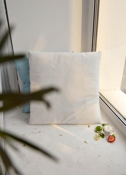 窗台上有两个白色和浅蓝色的枕头，在日常的光线下。纺织面料设计的模型。打印等等。图片下载
