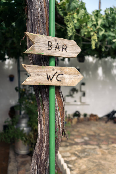 指向酒吧和WC的箭头。图片下载