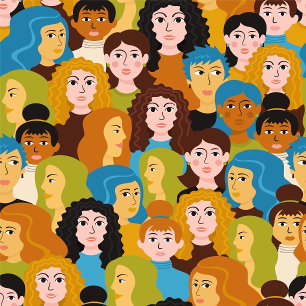 女性头部无缝模式。女性脸不同发型开心微笑。图片下载