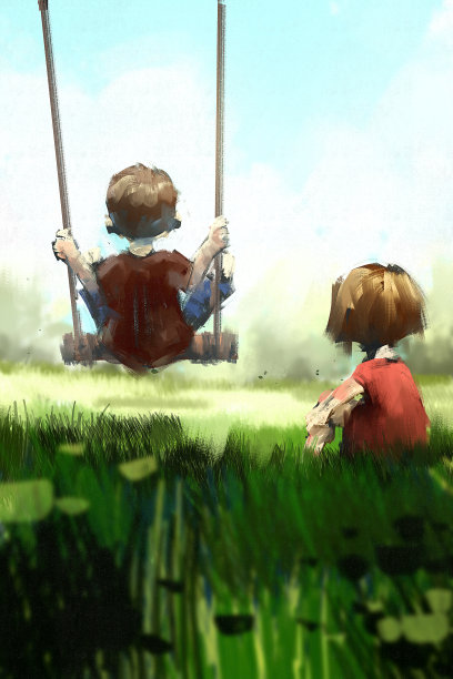 数码艺术绘画，男孩和女孩在大树下玩耍，丙烯在画布上纹理，故事插图图片下载