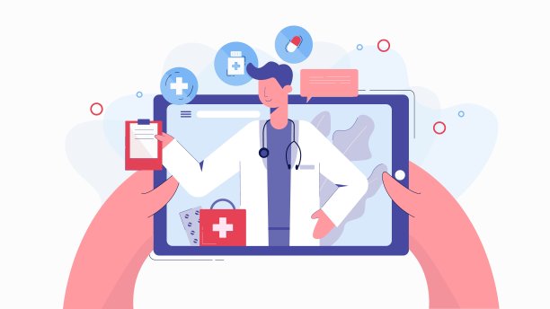 卡通人手握平板与医生在线聊天矢量平面插图图片下载