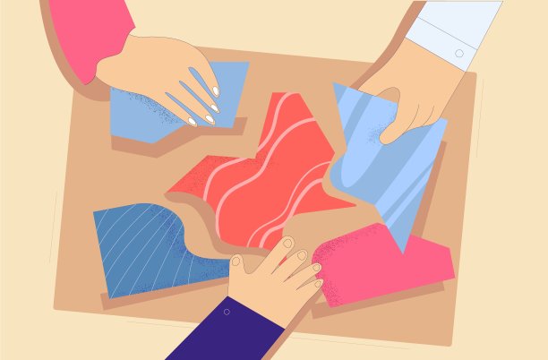 卡通人物的手连接彩色拼图片在桌面视图矢量平面插图图片下载