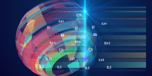 抽象插图背景与透明球体从颜色矩形和点。构造球体线框，技术，新闻或全球抽象横幅。大数据。带有模糊色线效果的球体呈现。素材图片