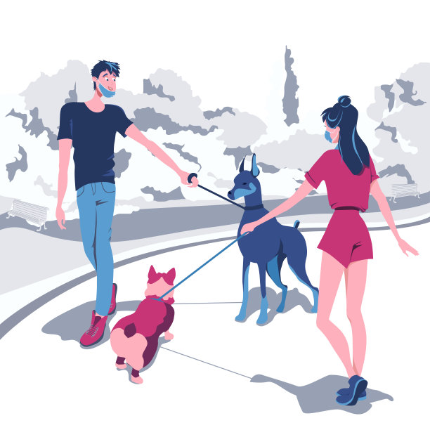 年轻人在公园散步时结识他们的宠物。图片下载