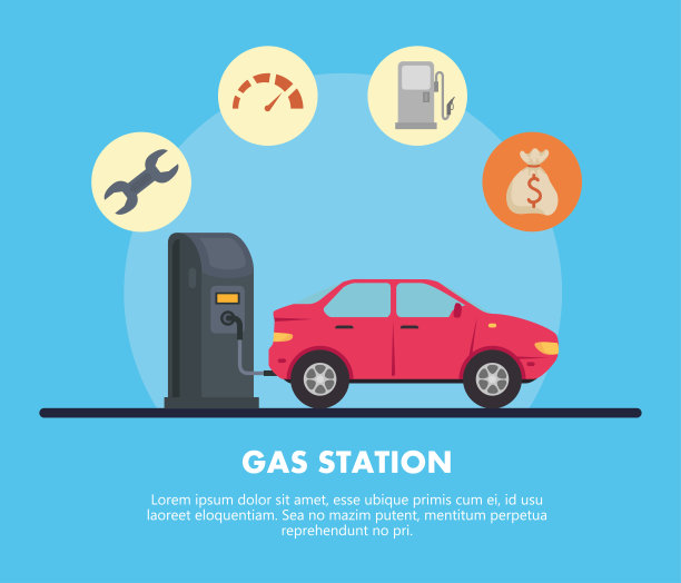 加油站与红色汽车和图标集矢量设计图片下载