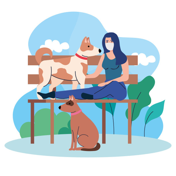 女人戴着医用口罩，和宠物狗坐在公园的椅子上图片下载