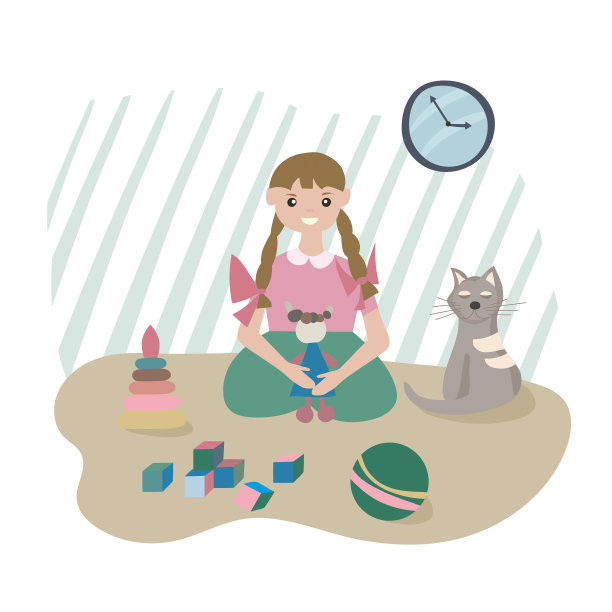 女孩在家里玩玩具和洋娃娃，旁边是她最喜欢的宠物——一只猫。休息和自我发展的时间。家庭的概念。矢量图图片下载