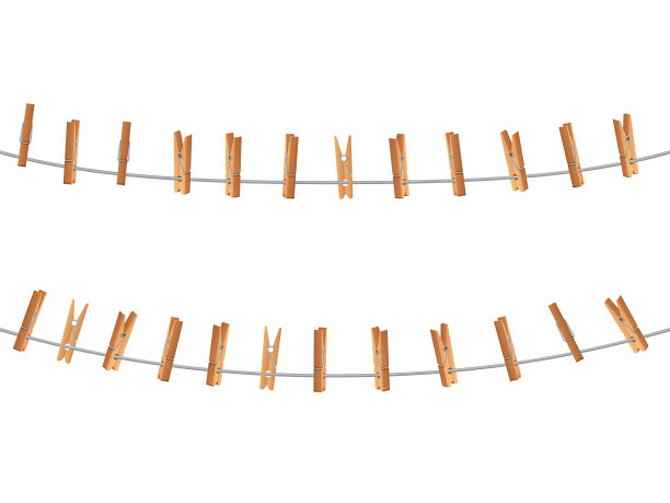 木夹，晾衣夹在晾衣绳上，隔离。洗衣与家务矢量概念图片下载