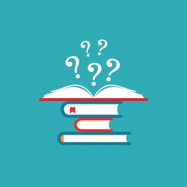 一堆书和打开的书，红封面和白色问号飞出来。图片下载