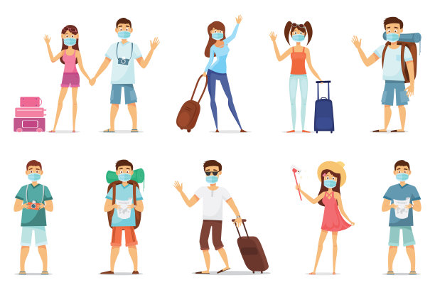 一组戴口罩的旅客预防新型冠状病毒2019-nCoV大流行医学健康风险全长载体插图图片下载