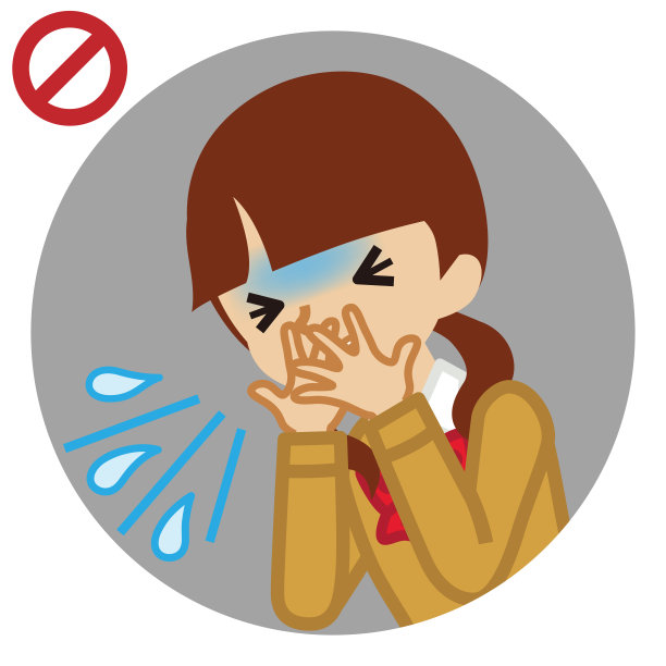 咳嗽的女学生用手捂住嘴-圆形图标，卡通风格图片下载