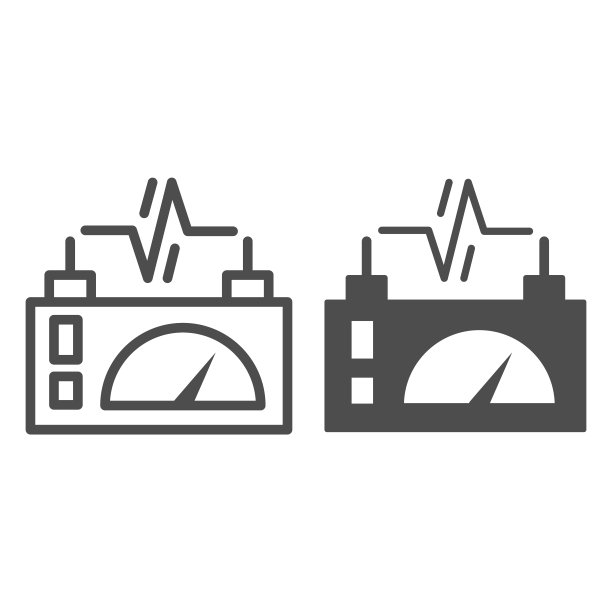 设备测量充电线和固体图标，技术概念，电表标志在白色背景，充电电池图标轮廓风格的移动概念和网页设计。矢量图形。图片下载
