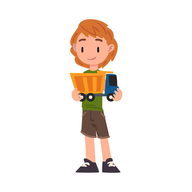 可爱的男孩抱着玩具卡车，可爱的孩子玩最喜欢的玩具卡通矢量插图在白色的背景图片下载