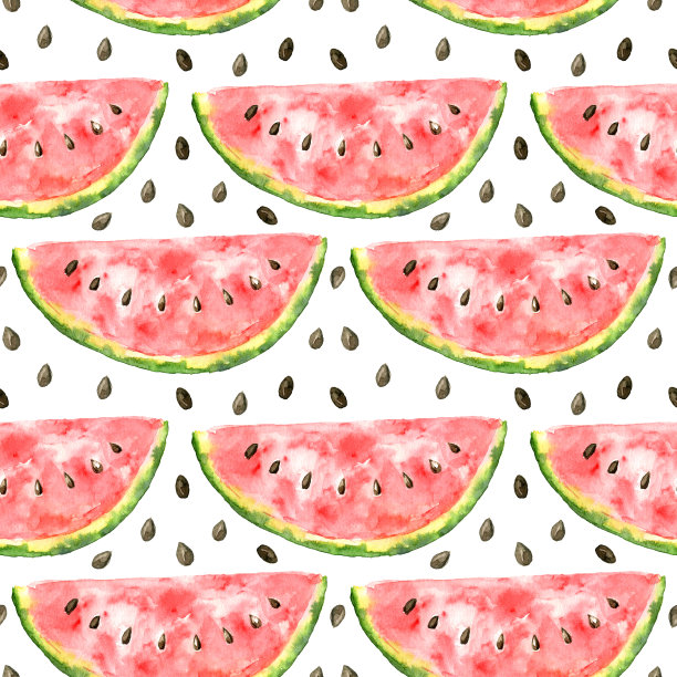 水彩无缝西瓜图案。西瓜片和种子分离在白色背景。明亮的西瓜水彩素描。图片下载