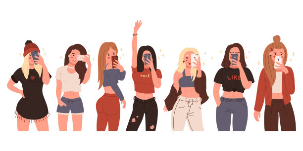 一群时髦女孩用智能手机自拍。镜子的观点。孤立在米色背景上。手绘彩色潮流矢量插图。时尚，社交媒体概念图片下载
