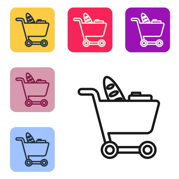 黑线购物车和食品图标隔离在白色背景。食品商店,超市。设置图标的颜色方形按钮。矢量图图片下载