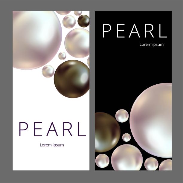 闪亮的珍珠框在背景上。逼真的白色和黑色珍珠。图片下载