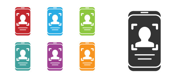 黑色手机和人脸识别图标隔离在白色背景上。面部识别扫描仪图标。面部id。网络安全。设置彩色图标。向量图片下载