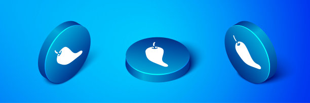 等距辣椒豆荚图标孤立在蓝色背景。设计用于食品杂货、烹饪制品、调味品及香料包装、烹饪书籍。蓝色圆按钮。向量图片下载