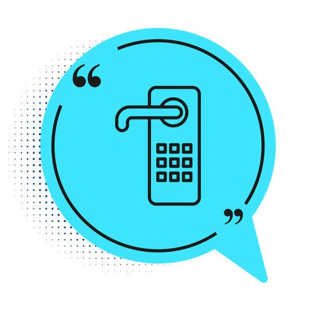 黑线数字门锁与无线技术解锁图标隔离在白色背景。门把手的迹象。安全智能家居。蓝色语音气泡符号。矢量图图片下载