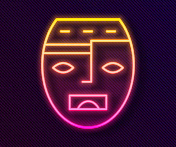 发光的霓虹灯线墨西哥玛雅人或阿兹特克面具图标孤立在黑色的背景。向量图片下载