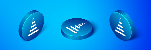 等距金字塔玩具图标孤立在蓝色背景。蓝色圆按钮。向量图片下载