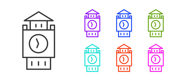 黑线大本钟塔图标孤立在白色背景。伦敦和英国的象征。设置图标丰富多彩。向量图片下载