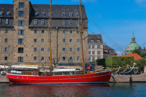 哥本哈根美丽的建筑，背景是弗雷德里克教堂的圆顶，数字艺术品图片下载