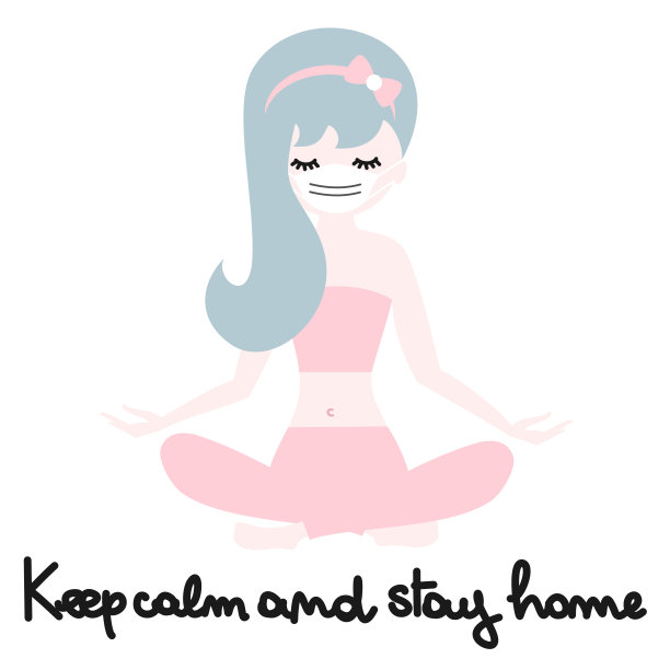 保持冷静，待在家里手绘矢量笔刷字母引用，隔离Covid-19冠状病毒概念插图与年轻女孩练习瑜伽图片下载